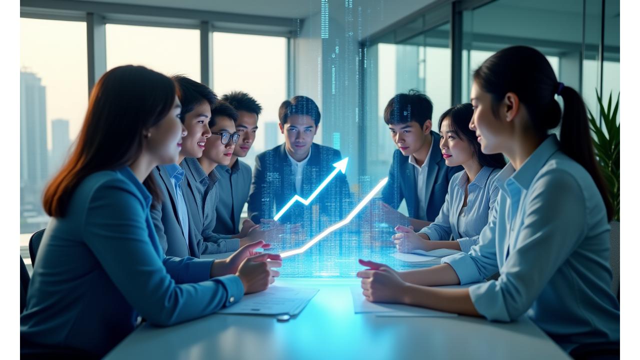 Diverse group of people in Singapore looking at a digital financial chart, illustrating growth and empowerment.